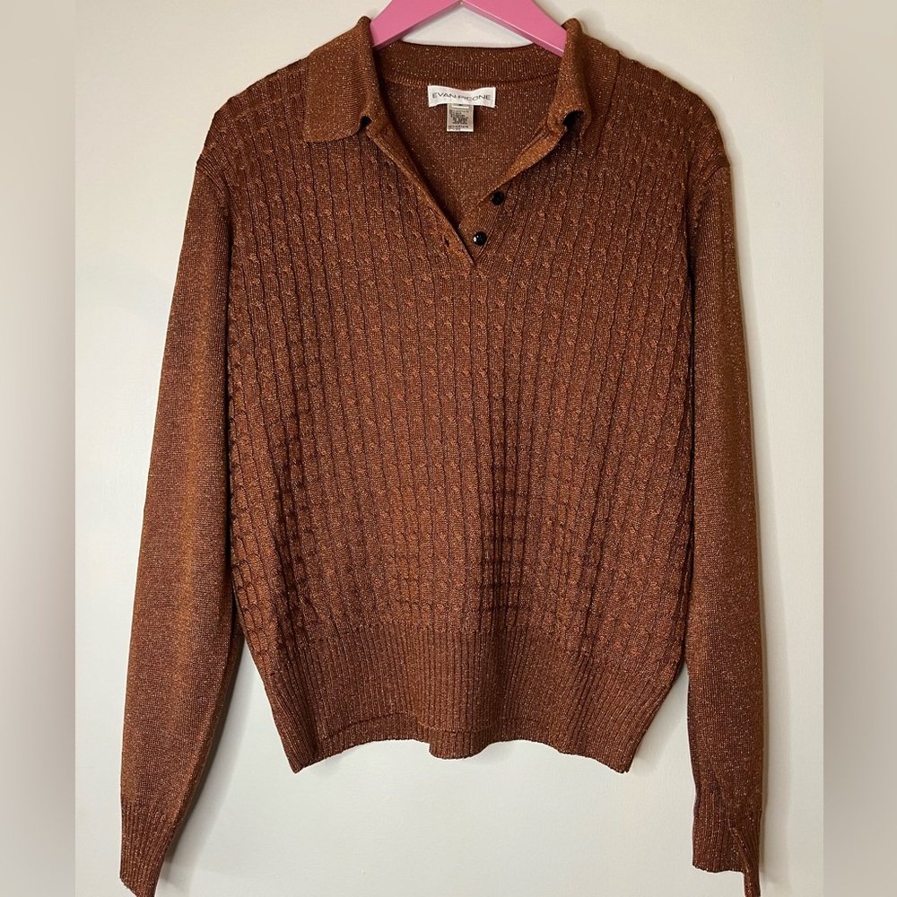 Vintage 90s Evan Picone Metallic Polo Cable Knit Sweater Pullover Top Copper